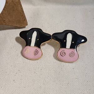 Unknown Brand Cow Earrings Farm Animal Enamel Gold‎ Tone Fun Novelty Jewelry